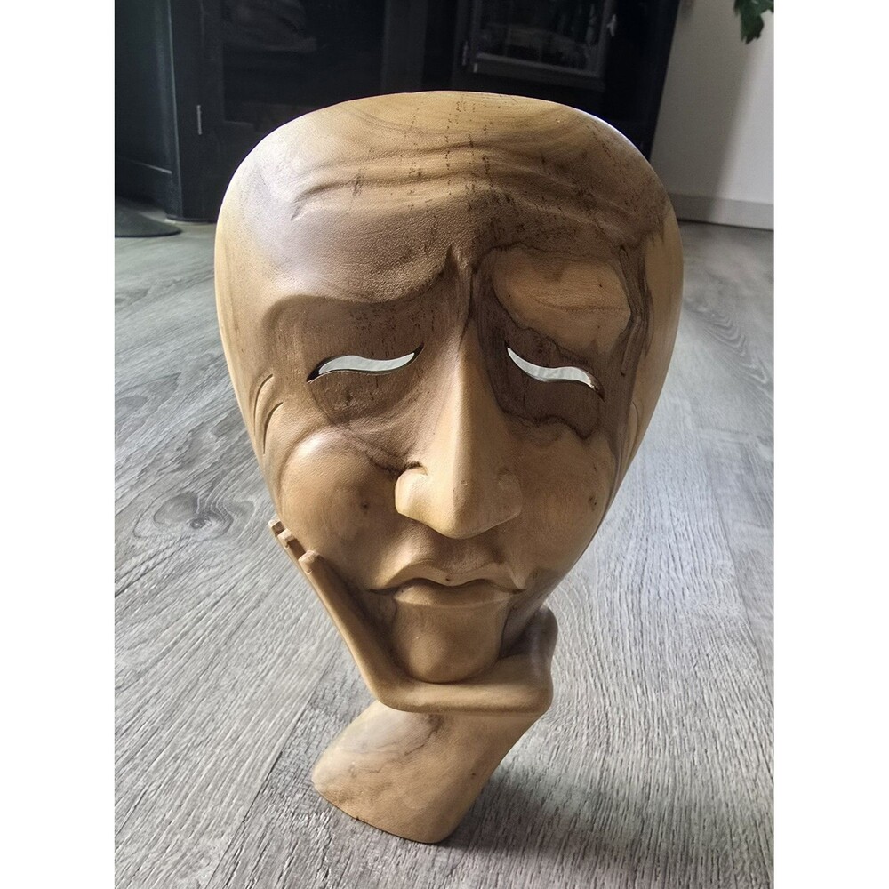 Vintage 10” Carved Wood Mask Sculpture Thinking Man w/Hand Table MCM Style